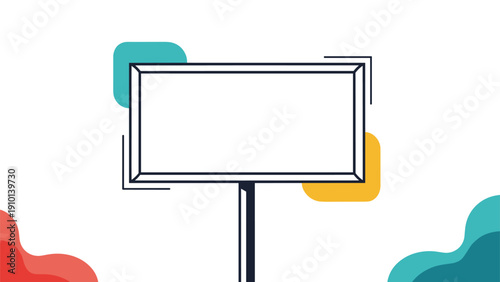 Blank white billboard sign with a simple black frame stands against a modern background of soft colorful abstract shapes and lines.