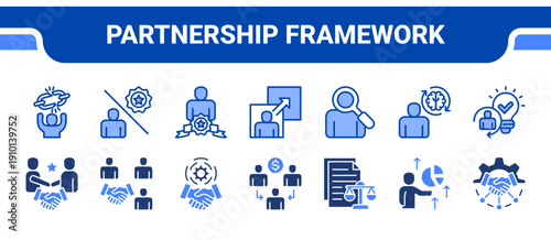 Partnership Framework Icon Collection,  featuring Partnership, Cooperative, Alliance, Consortium, Legal document, Equity, Strategic alliance.