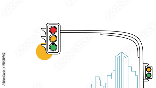 Urban traffic light displays a bright green signal set against a clear sky with a simple blue outline of city skyscrapers below.