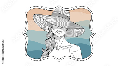 Elegant portrait of a woman wearing a very large stylish sun hat is framed by a decorative border against a soft wavy background.