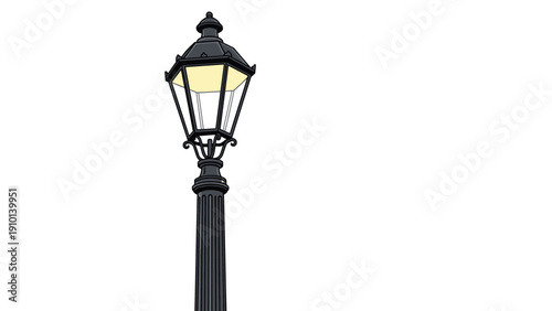 Classic black wrought iron street lamp with a glass lantern top is shown as a standalone architectural element on a white background.