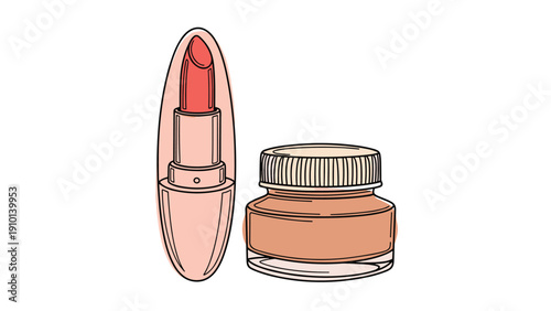 Collection of beauty products includes a bright red lipstick tube and a jar of facial cream or foundation in a soft peach color.
