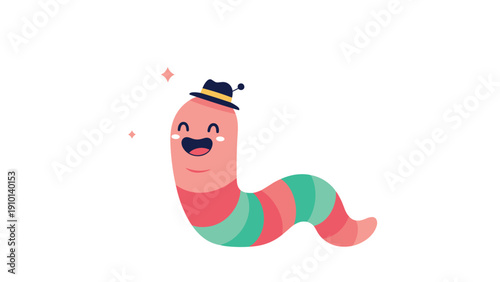 Cheerful pink and green striped cartoon worm character wearing a small black hat in a flat modern design illustration.