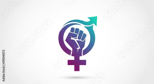 Vibrant feminist symbol with raised fist and arrow on white background representing empowerment and equality