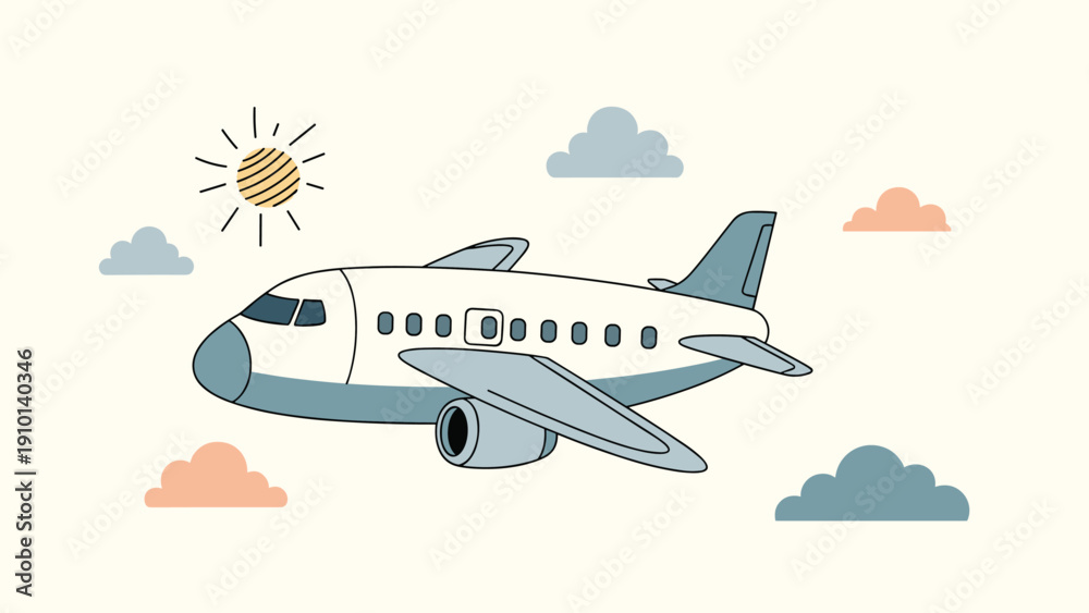 Naklejka premium Small blue and white airplane flying through soft gray clouds with a stylized sun in the clear sky background.