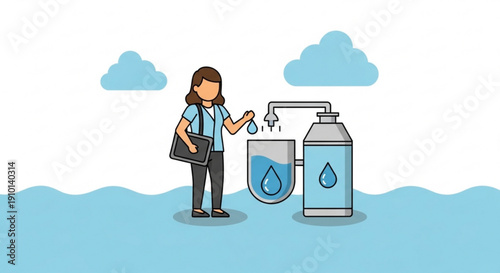 Woman testing water quality with a dropper near a water filtration system with a bottle and container