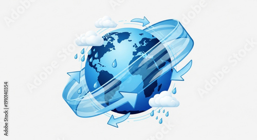 Earth with swirling blue water cycle arrows and clouds representing global climate and weather patterns