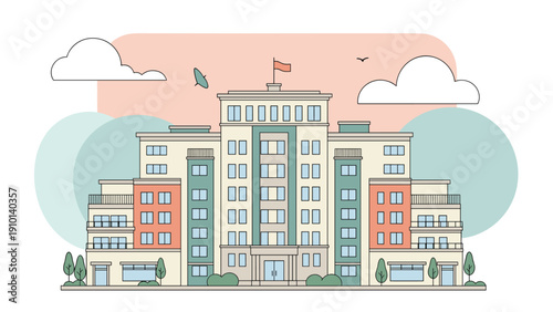 Large symmetrical modern building with many windows and a red flag on the roof in an architectural illustration.