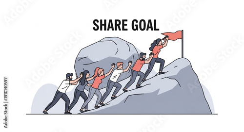 Teamwork pushing boulder uphill towards a flag on a mountain peak.