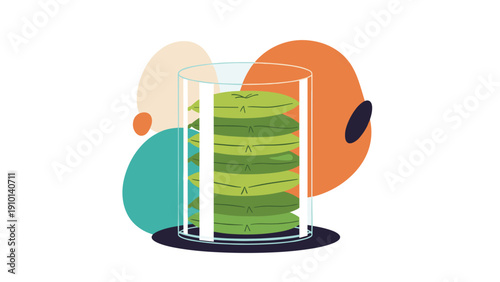 Tall glass cylinder container holding a stack of round green leaves or cushions on an abstract background.