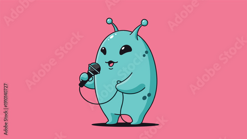 Adorable blue alien character singing into a black microphone with a cord on a vibrant pink background scene.