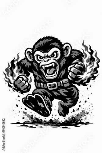 Angry Monkey Fighter Punching Forward – Dynamic Black & White Ink Mascot Illustration for Esports Logo, Sports Team, Sticker, T-Shirt