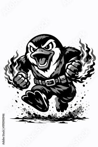 Angry Penguin Fighter Charging with Flaming Fists – Black & White Ink Mascot Illustration for Esports Logo, Sports Team, Sticker, T-Shirt
