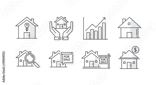 Real Estate Icons Set With Houses And Graphs.