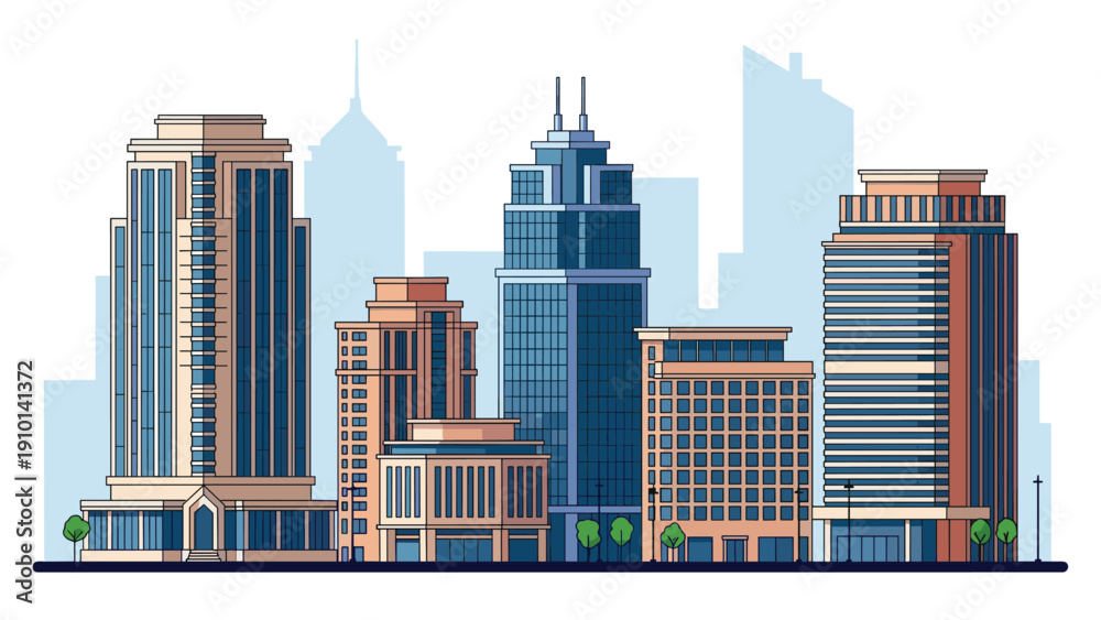 Fototapeta premium Contemporary city buildings with large glass windows and modern architectural details under a clear light blue sky.