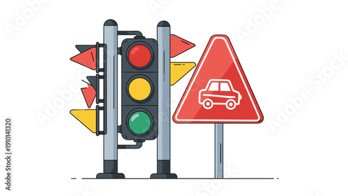 Traffic light displaying red, yellow, and green signals next to a red triangular warning sign with a white car icon.