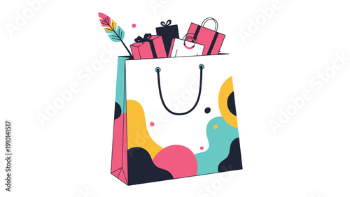 Colorful shopping bag filled with gift boxes and a decorative feather isolated against a clean white background.