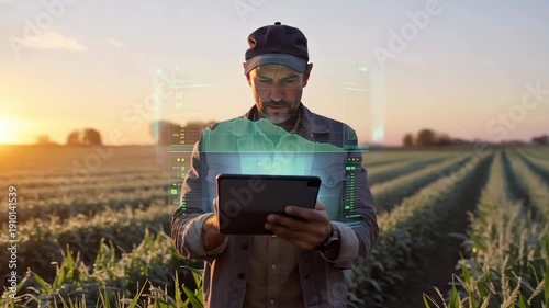 Wallpaper Mural Modern Smart Farming with Farmer Using Tablet and Holographic Crop Data Visualization in Green Field at Sunrise Torontodigital.ca