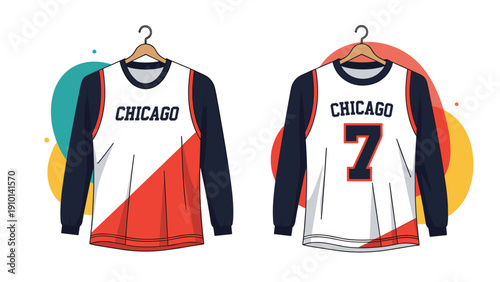 Two Chicago themed long sleeve sports shirts hanging on wooden hangers against a backdrop of colorful abstract blobs.