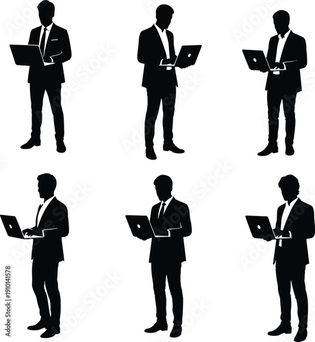 Business professional silhouette with laptop, multiple poses, office teamwork, remote work, digital communication, corporate technology, productivity concept