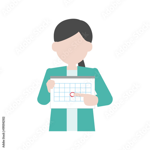 カレンダーの特定の日付を指差してスケジュールの確認や提案をするビジネスパーソンの女性のイラスト