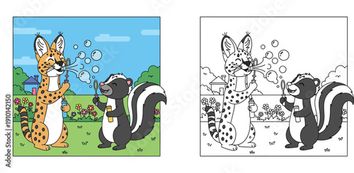Cute cartoon lynx and skunk blowing soap bubbles in garden, funny animal friends playing together outdoors, vector illustration for kids with house and nature background.