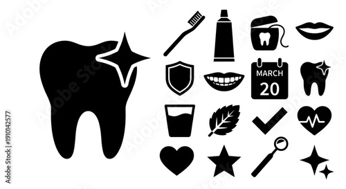 A collection of black and white icons representing dental health, hygiene, and care, including a sparkling tooth, toothbrush, toothpaste, floss, and calendar.