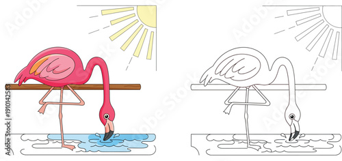 Cute cartoon pink flamingo standing on one leg and drinking water under a bright sun. Thirsty tropical bird vector illustration in summer nature.