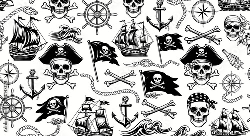 Pirate Ship and Skull Pattern: Jolly Roger, Anchor, Compass, Wheel, Waves