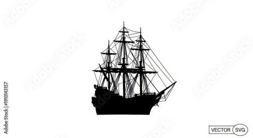 Silhouette of a majestic tall ship with full sails against a white background