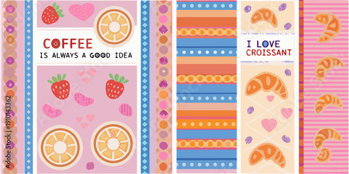 Colorful pattern featuring coffee strawberries oranges and croissants