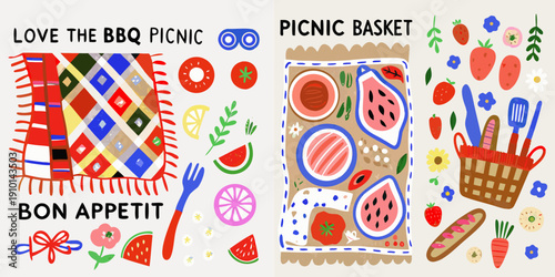Colorful illustration featuring picnic elements food and decorative patterns
