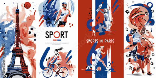 A vibrant illustration combining sports parisian landmarks and dynamic action