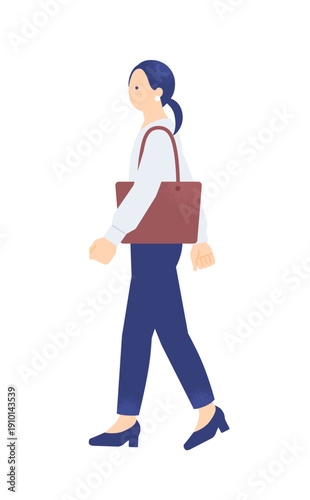 鞄を持って歩く女性。オフィスカジュアルな装いで通勤するビジネスパーソン。出勤する人物の全身イラスト。