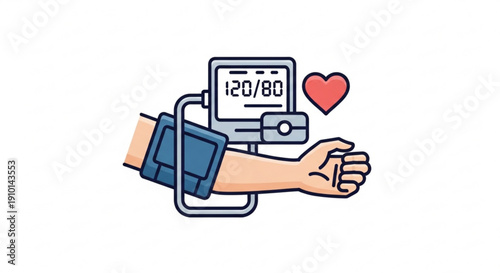 Blood pressure monitor with healthy reading on arm with cuff and heart symbol