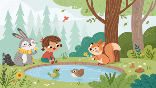 Whimsical child and forest friends by serene pond in nature