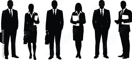 Business silhouettes, corporate professionals, formal attire, briefcase holders, office team, leadership concept, workplace diversity, success, career, teamwork