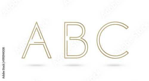 Golden Outline Letters ABC on White Background.
