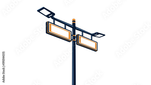 Modern dual street lamp pole with two square LED panels and blank informational signs on a plain white background.