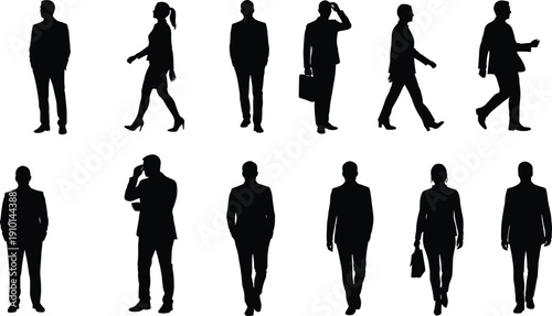 Business silhouettes, men, women, walking, standing, office, professional, corporate, briefcase, leadership 