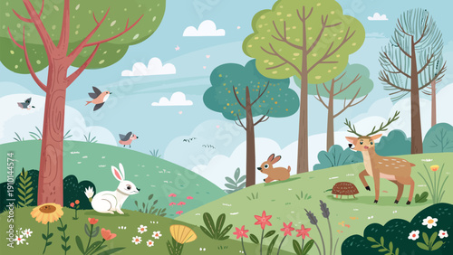 Whimsical forest scene with animals and vibrant wildflowers