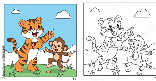 Cute cartoon tiger and monkey friends dancing happily on grass under blue sky vector illustration, adorable wild animals playing together for children book or nursery design