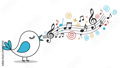 Happy little bird with blue wings sings a variety of colorful musical notes that flow out from its open beak in a beautiful melodic stream.