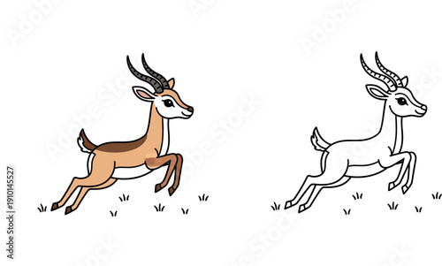 Cute cartoon gazelle running fast isolated on white background vector illustration, happy antelope jumping side view for children book, logo or wildlife sticker design