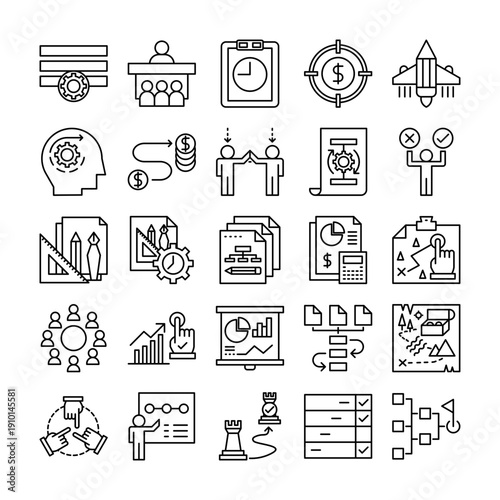 Business Planning Line Icon Set – 25 Outline Strategy & Management Icons