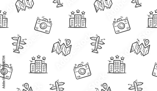 Travel doodle background. Cute travel seamless pattern. Trip pattern background. Tourism hand drawn seamless pattern with camera, suitcase, hotel, road sign, route.