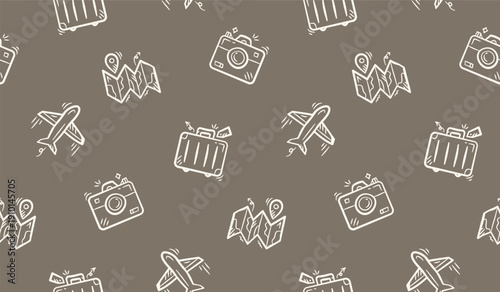 Travel doodle background. Cute travel seamless pattern. Trip pattern background. Tourism hand drawn seamless pattern with camera, suitcase, plane, fly, ticket, flight, boarding pass, passport, route.