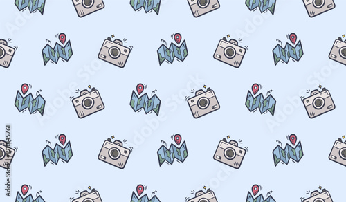 Travel doodle background. Cute travel seamless pattern. Trip pattern background. Tourism hand drawn seamless pattern with camera, map, pin, route.