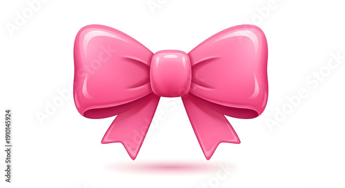 A glossy pink ribbon bow with soft shadows on a white background