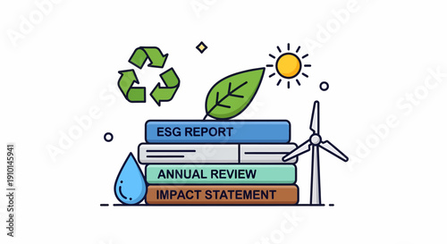 Sustainable development concept illustration with renewable energy symbols and ESG report on stacked documents viewed from directly above